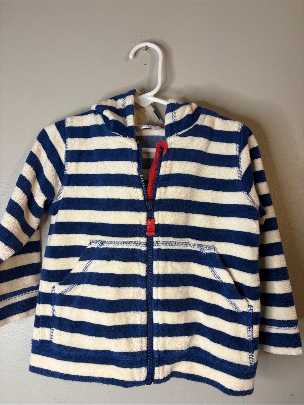 Mini Boden Navy and Cream Striped Hooded Zip-Up with Red Trim